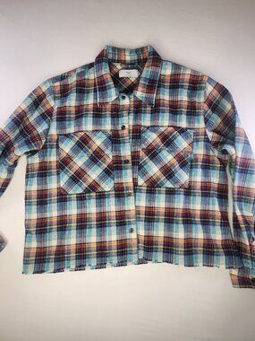 TNA Aritzia Cropped Plaid Flannel Shirt Blue Multi, L Boxy Button-Up